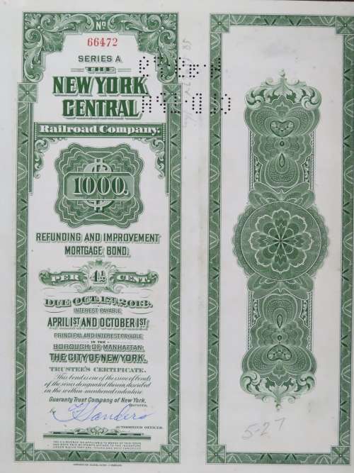 1913 The New York Central Railroad Company, $1000 Bond Certificate 66472