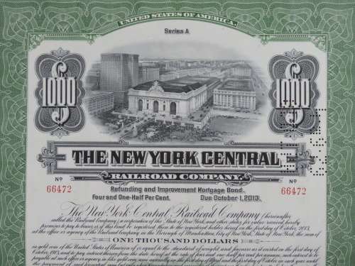 1913 The New York Central Railroad Company, $1000 Bond Certificate 66472