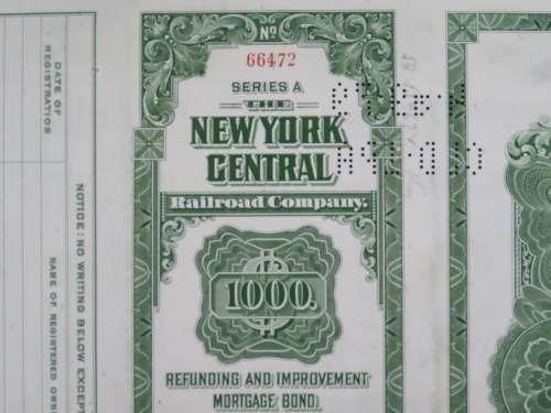 1913 The New York Central Railroad Company, $1000 Bond Certificate 66472