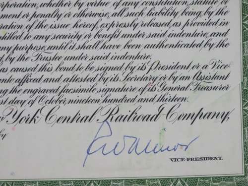 1913 The New York Central Railroad Company, $1000 Bond Certificate 19044