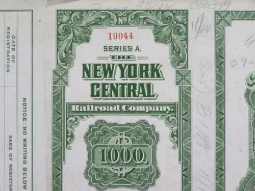 1913 The New York Central Railroad Company, $1000 Bond Certificate 19044