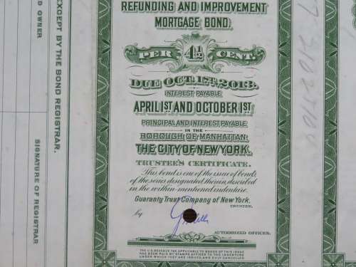 1913 The New York Central Railroad Company, $1000 Bond Certificate 19044