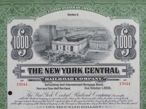 1913 The New York Central Railroad Company, $1000 Bond Certificate 19044