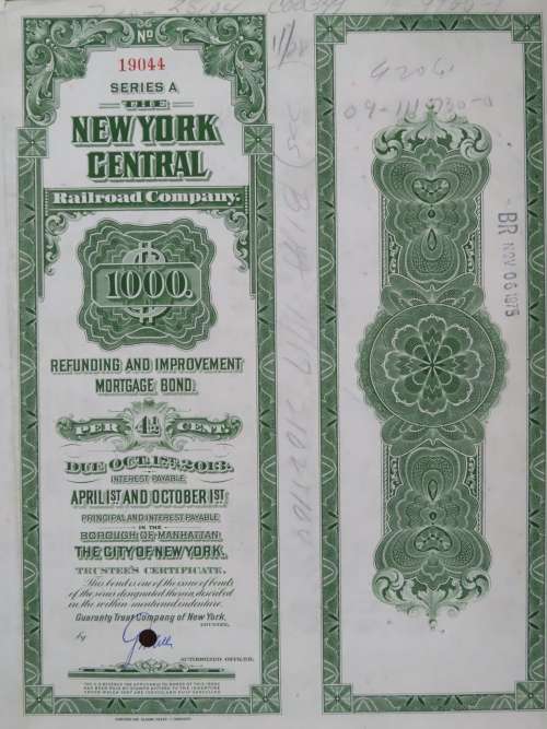 1913 The New York Central Railroad Company, $1000 Bond Certificate 19044