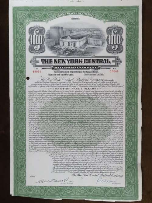 1913 The New York Central Railroad Company, $1000 Bond Certificate 19044