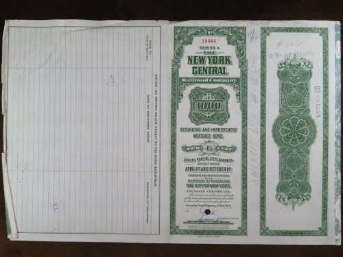 1913 The New York Central Railroad Company, $1000 Bond Certificate 19044