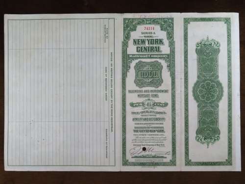 1913 The New York Central Railroad Company, $1000 Bond Certificate 74114