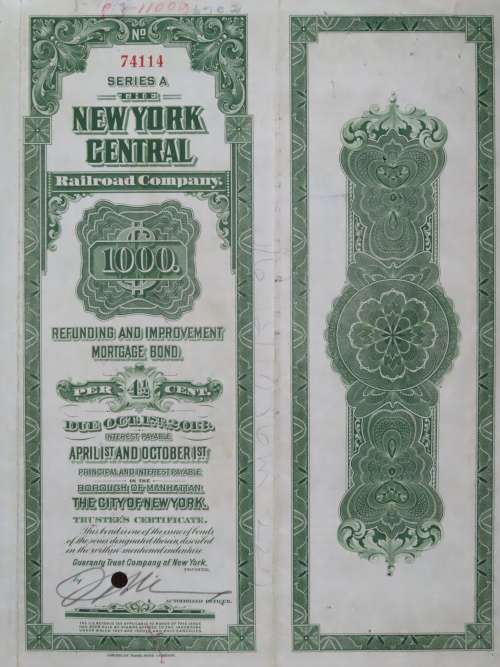 1913 The New York Central Railroad Company, $1000 Bond Certificate 74114