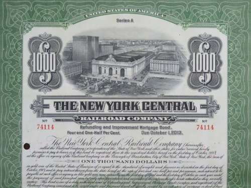 1913 The New York Central Railroad Company, $1000 Bond Certificate 74114
