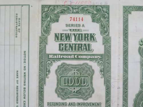1913 The New York Central Railroad Company, $1000 Bond Certificate 74114