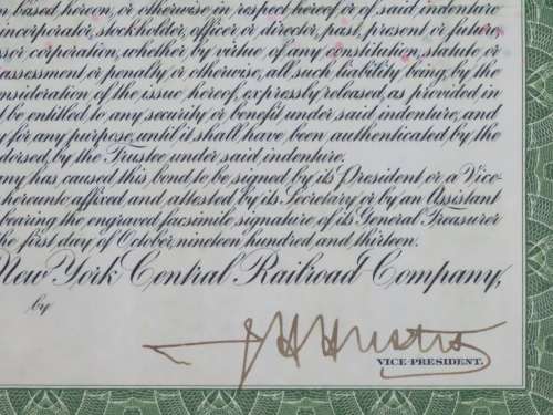 1913 The New York Central Railroad Company, $1000 Bond Certificate 74114