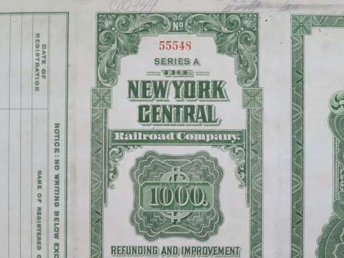 1913 The New York Central Railroad Company, $1000 Bond Certificate 55548