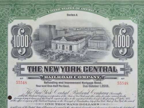 1913 The New York Central Railroad Company, $1000 Bond Certificate 55548