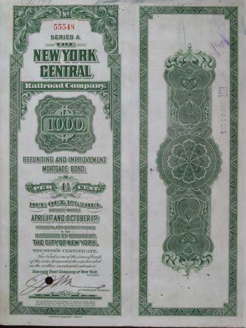 1913 The New York Central Railroad Company, $1000 Bond Certificate 55548