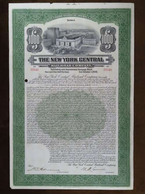 1913 The New York Central Railroad Company, $1000 Bond Certificate 55548