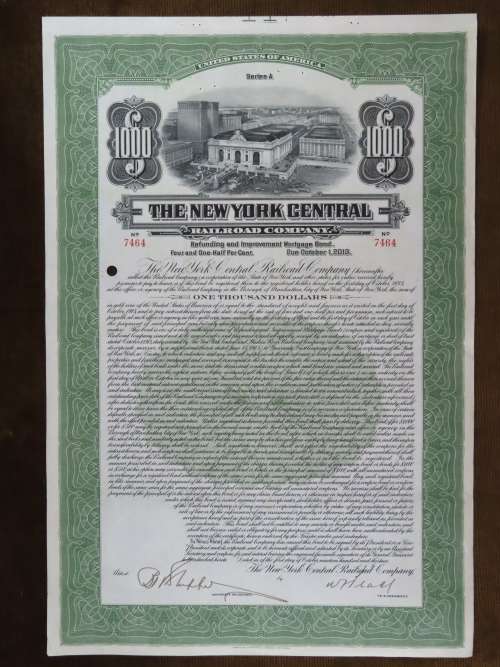 1913 The New York Central Railroad Company, $1000 Bond Certificate 7464