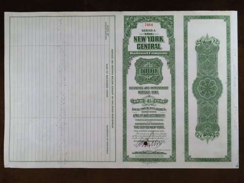 1913 The New York Central Railroad Company, $1000 Bond Certificate 7464