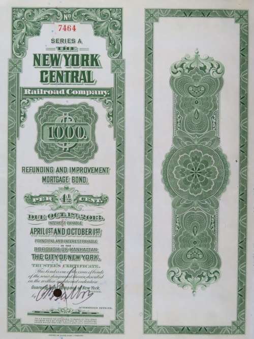 1913 The New York Central Railroad Company, $1000 Bond Certificate 7464