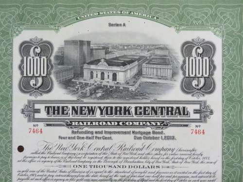 1913 The New York Central Railroad Company, $1000 Bond Certificate 7464