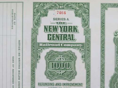 1913 The New York Central Railroad Company, $1000 Bond Certificate 7464