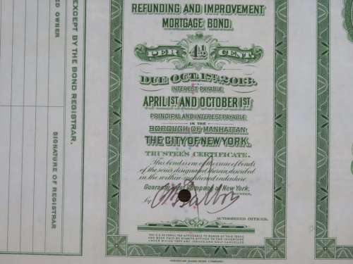 1913 The New York Central Railroad Company, $1000 Bond Certificate 7464