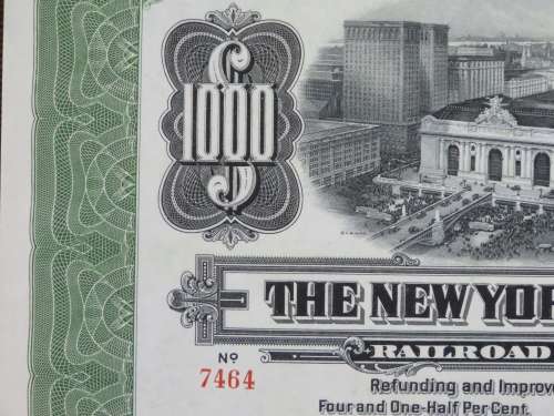 1913 The New York Central Railroad Company, $1000 Bond Certificate 7464