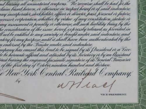1913 The New York Central Railroad Company, $1000 Bond Certificate 7464