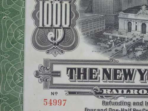 1913 The New York Central Railroad Company, $1000 Bond Certificate 54997