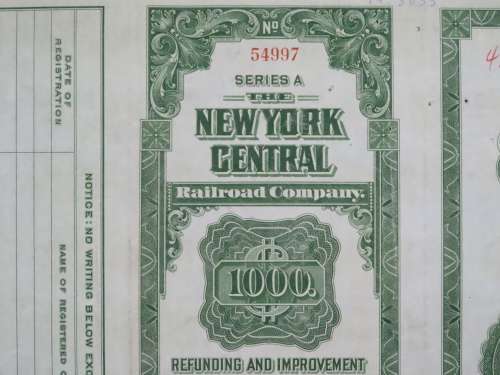 1913 The New York Central Railroad Company, $1000 Bond Certificate 54997