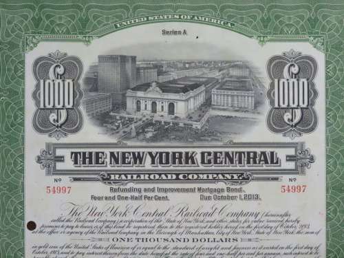 1913 The New York Central Railroad Company, $1000 Bond Certificate 54997