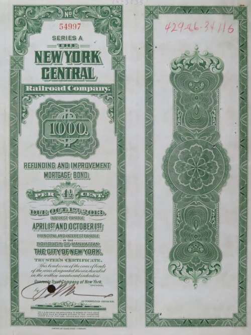 1913 The New York Central Railroad Company, $1000 Bond Certificate 54997