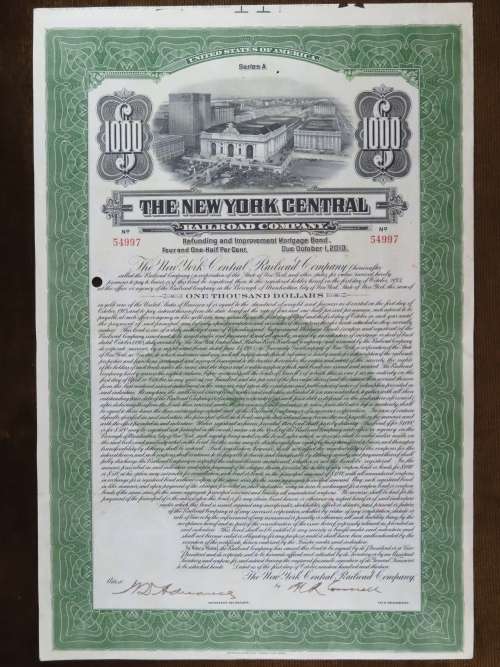1913 The New York Central Railroad Company, $1000 Bond Certificate 54997