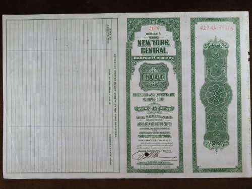 1913 The New York Central Railroad Company, $1000 Bond Certificate 54997