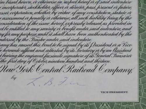 1913 The New York Central Railroad Company, $1000 Bond Certificate 11918