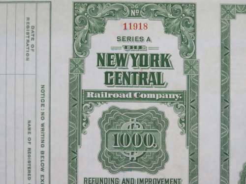 1913 The New York Central Railroad Company, $1000 Bond Certificate 11918
