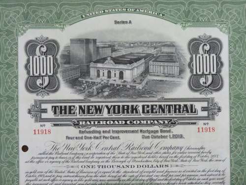 1913 The New York Central Railroad Company, $1000 Bond Certificate 11918