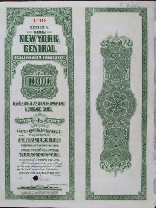 1913 The New York Central Railroad Company, $1000 Bond Certificate 11918