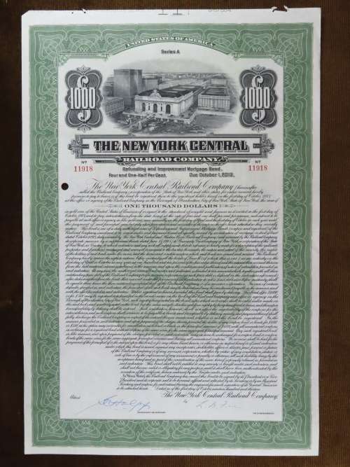 1913 The New York Central Railroad Company, $1000 Bond Certificate 11918