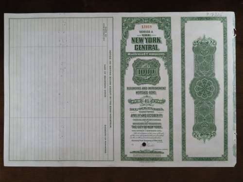 1913 The New York Central Railroad Company, $1000 Bond Certificate 11918