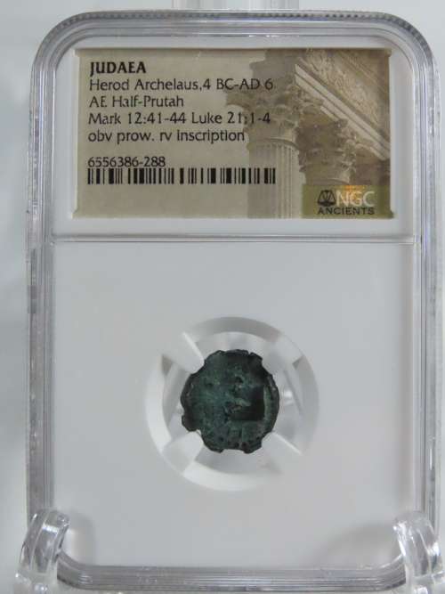 Ancient Judaea Half Prutat Coin, 4 BC NGC Herod Archelaus
