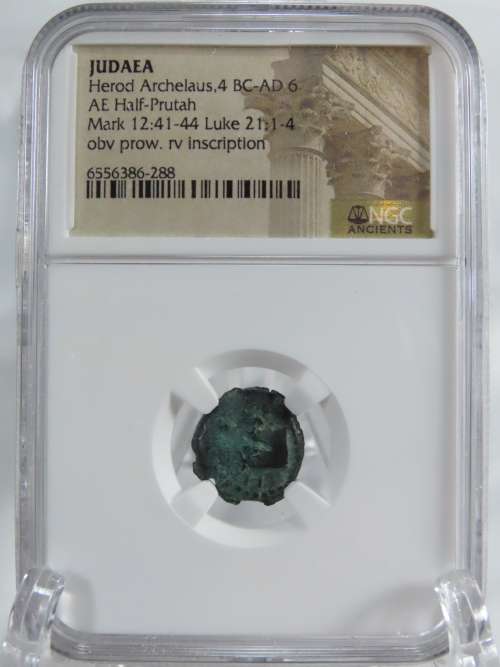 Ancient Judaea Half Prutat Coin, 4 BC NGC Herod Archelaus