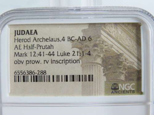 Ancient Judaea Half Prutat Coin, 4 BC NGC Herod Archelaus