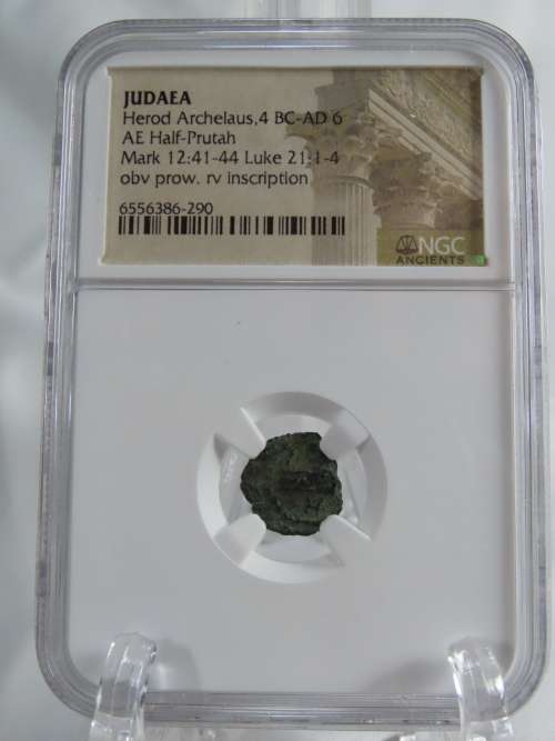 Ancient Judaea Half Prutat Coin, 4 BC NGC Herod Archelaus