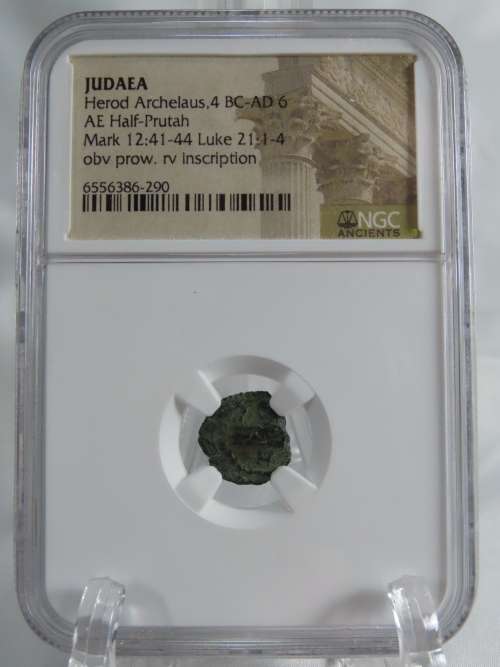 Ancient Judaea Half Prutat Coin, 4 BC NGC Herod Archelaus