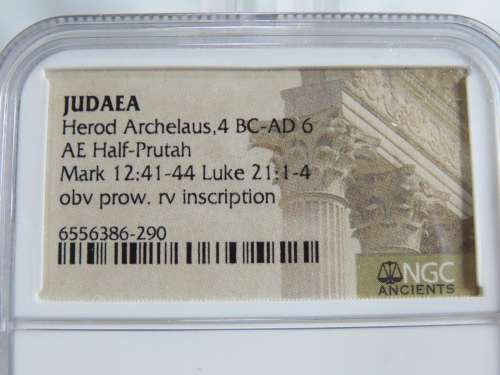 Ancient Judaea Half Prutat Coin, 4 BC NGC Herod Archelaus