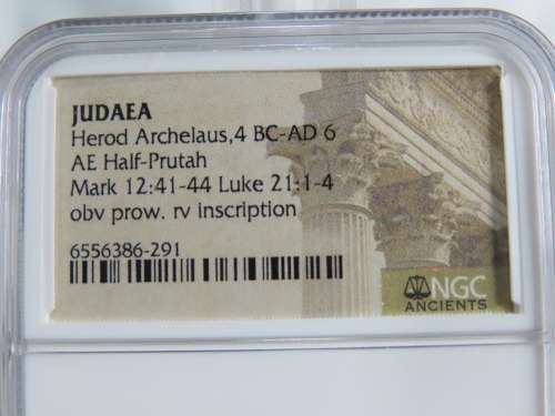 Ancient Judaea Half Prutat Coin, 4 BC NGC Herod Archelaus