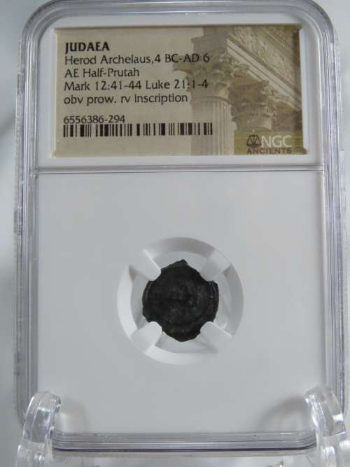 Ancient Judaea Half Prutat Coin, 4 BC NGC Herod Archelaus