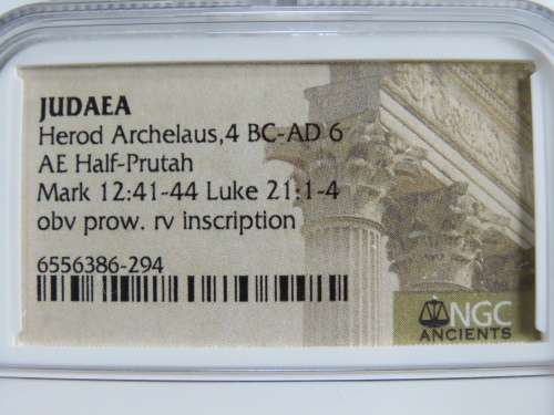 Ancient Judaea Half Prutat Coin, 4 BC NGC Herod Archelaus