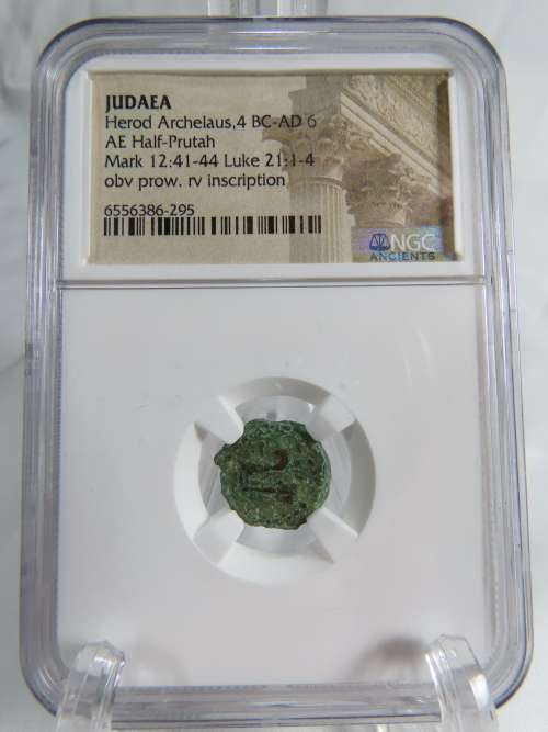 Ancient Judaea Half Prutat Coin, 4 BC NGC Herod Archelaus