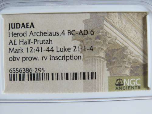 Ancient Judaea Half Prutat Coin, 4 BC NGC Herod Archelaus